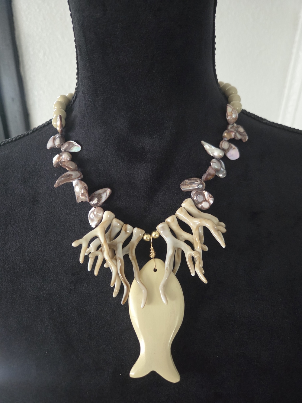 Handcrafted Cream Coral & Pearl Fish Pendant Necklace